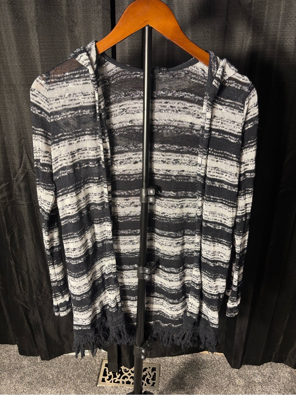 Socialite Black & White Striped Hooded Cardigan with Fringe